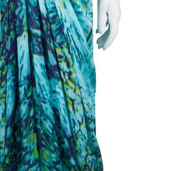 Alberta Ferretti Turquoise Printed Mesh Insert Ruched Sleeveless Gown L