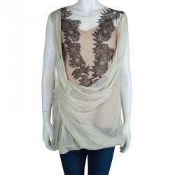 Alberta Ferretti Beige Contrast Leaf Embroidered Draped Sleeveless Blouse M