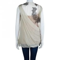 Alberta Ferretti Beige Contrast Leaf Embroidered Draped Sleeveless Blouse M
