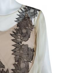 Alberta Ferretti Beige Contrast Leaf Embroidered Draped Sleeveless Blouse M