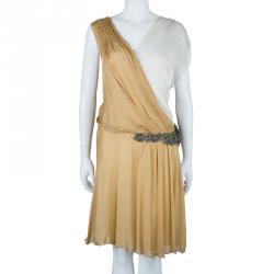 Pre Owned Alberta Ferretti Beige Gathered Dress M