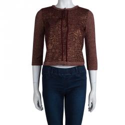 Pre Owned Alberta Ferretti Burgundy and Gold Floral Jacquard Lurex Knit Cardigan S