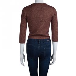 Pre Owned Alberta Ferretti Burgundy and Gold Floral Jacquard Lurex Knit Cardigan S