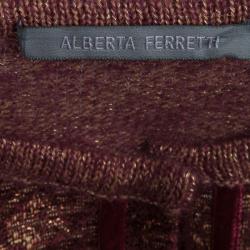 Pre Owned Alberta Ferretti Burgundy and Gold Floral Jacquard Lurex Knit Cardigan S