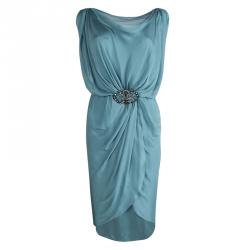 Pre Owned Alberta Ferretti Silk Embellished Buckle Draped Dress S