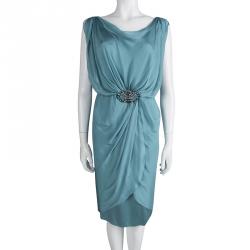 Pre Owned Alberta Ferretti Silk Embellished Buckle Draped Dress S