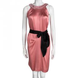 Pre Owned Alberta Ferretti Pink Silk Embellished Neck Detail Belted Sleeveless Dress S