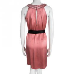 Pre Owned Alberta Ferretti Pink Silk Embellished Neck Detail Belted Sleeveless Dress S