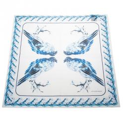 Pre Owned Alexander McQueen White Blue Hawks And Waves Print Cotton Square Scarf