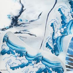 Pre Owned Alexander McQueen White Blue Hawks And Waves Print Cotton Square Scarf