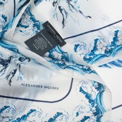 Pre Owned Alexander McQueen White Blue Hawks And Waves Print Cotton Square Scarf