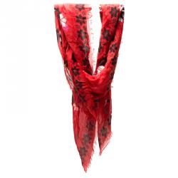Pre Owned Alexander McQueen Red Floral Skull Square Scarf