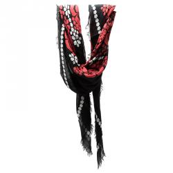 Pre Owned Alexander McQueen Black and Red Floral Print Skull Detail Square Scarf