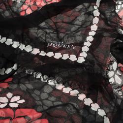 Pre Owned Alexander McQueen Black and Red Floral Print Skull Detail Square Scarf