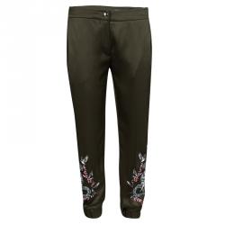 Pre Owned Alexander McQueen Olive Green Silk Snake Embroidered Jogger Pants S