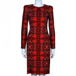 Pre Owned فستان أليكساندر مكوين بأكمام طويلة مطبوع أحمر S