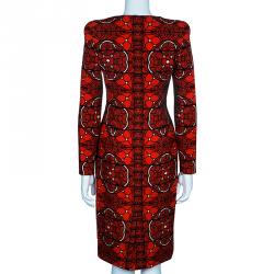 Pre Owned فستان أليكساندر مكوين بأكمام طويلة مطبوع أحمر S