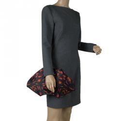 Pre Owned Alexander McQueen Black/Orange Tulip Print Satin Medium De Manta Clutch