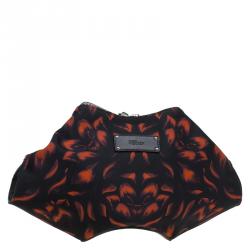 Pre Owned Alexander McQueen Black/Orange Tulip Print Satin Medium De Manta Clutch