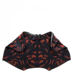Pre Owned Alexander McQueen Black/Orange Tulip Print Satin Medium De Manta Clutch
