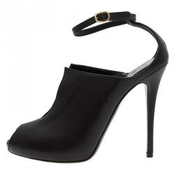 Pre Owned Alexander McQueen Black Leather Cutout Ankle Strap Booties Size 39