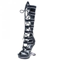 Pre Owned Alexander McQueen Black Glossed Python and Metallic Leather Gladiator Sandals Size 37