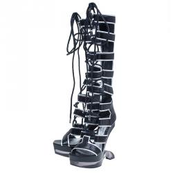 Pre Owned Alexander McQueen Black Glossed Python and Metallic Leather Gladiator Sandals Size 37