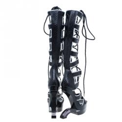 Pre Owned Alexander McQueen Black Glossed Python and Metallic Leather Gladiator Sandals Size 37