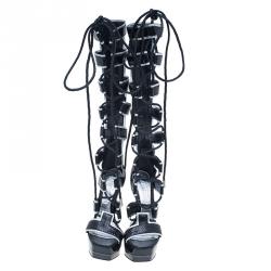 Pre Owned Alexander McQueen Black Glossed Python and Metallic Leather Gladiator Sandals Size 37