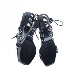 Pre Owned Alexander McQueen Black Glossed Python and Metallic Leather Gladiator Sandals Size 37