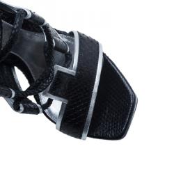 Pre Owned Alexander McQueen Black Glossed Python and Metallic Leather Gladiator Sandals Size 37