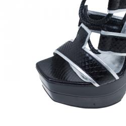 Pre Owned Alexander McQueen Black Glossed Python and Metallic Leather Gladiator Sandals Size 37