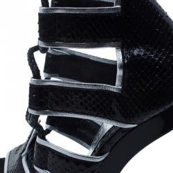 Pre Owned Alexander McQueen Black Glossed Python and Metallic Leather Gladiator Sandals Size 37