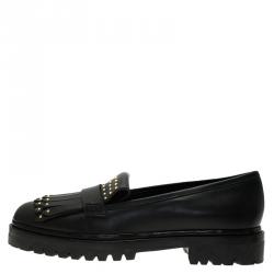 Pre Owned Alexander McQueen Black Leather Micro Studd Fringe Loafers Size 39.5