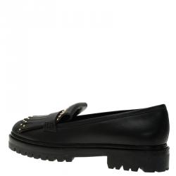 Pre Owned Alexander McQueen Black Leather Micro Studd Fringe Loafers Size 39.5
