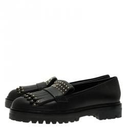 Pre Owned Alexander McQueen Black Leather Micro Studd Fringe Loafers Size 39.5