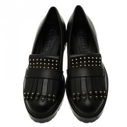 Pre Owned Alexander McQueen Black Leather Micro Studd Fringe Loafers Size 39.5