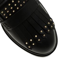 Pre Owned Alexander McQueen Black Leather Micro Studd Fringe Loafers Size 39.5