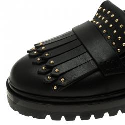 Pre Owned Alexander McQueen Black Leather Micro Studd Fringe Loafers Size 39.5
