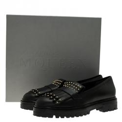 Pre Owned Alexander McQueen Black Leather Micro Studd Fringe Loafers Size 39.5