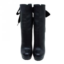 Pre Owned Alexander McQueen Black Leather Bowtie Platform Ankle Boots Size 38.5