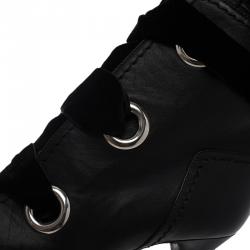 Pre Owned Alexander McQueen Black Leather and Velvet Lace Up Platform Ankle Boots Size 40