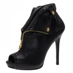 Pre Owned Alexander McQueen Black Leather Faithful Skull Peep Toe Ankle Boots Size 38.5