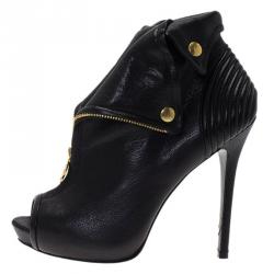 Pre Owned Alexander McQueen Black Leather Faithful Skull Peep Toe Ankle Boots Size 38.5