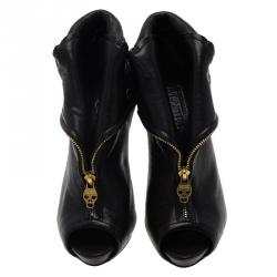 Pre Owned Alexander McQueen Black Leather Faithful Skull Peep Toe Ankle Boots Size 38.5