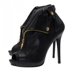 Pre Owned Alexander McQueen Black Leather Faithful Skull Peep Toe Ankle Boots Size 38.5