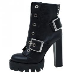 Pre Owned Alexander McQueen Black Leather Buckled Combat Boots Size 40