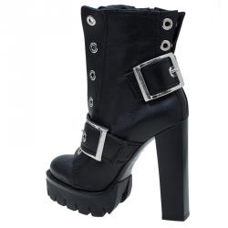 Pre Owned Alexander McQueen Black Leather Buckled Combat Boots Size 40