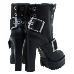Pre Owned Alexander McQueen Black Leather Buckled Combat Boots Size 40