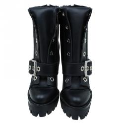 Pre Owned Alexander McQueen Black Leather Buckled Combat Boots Size 40